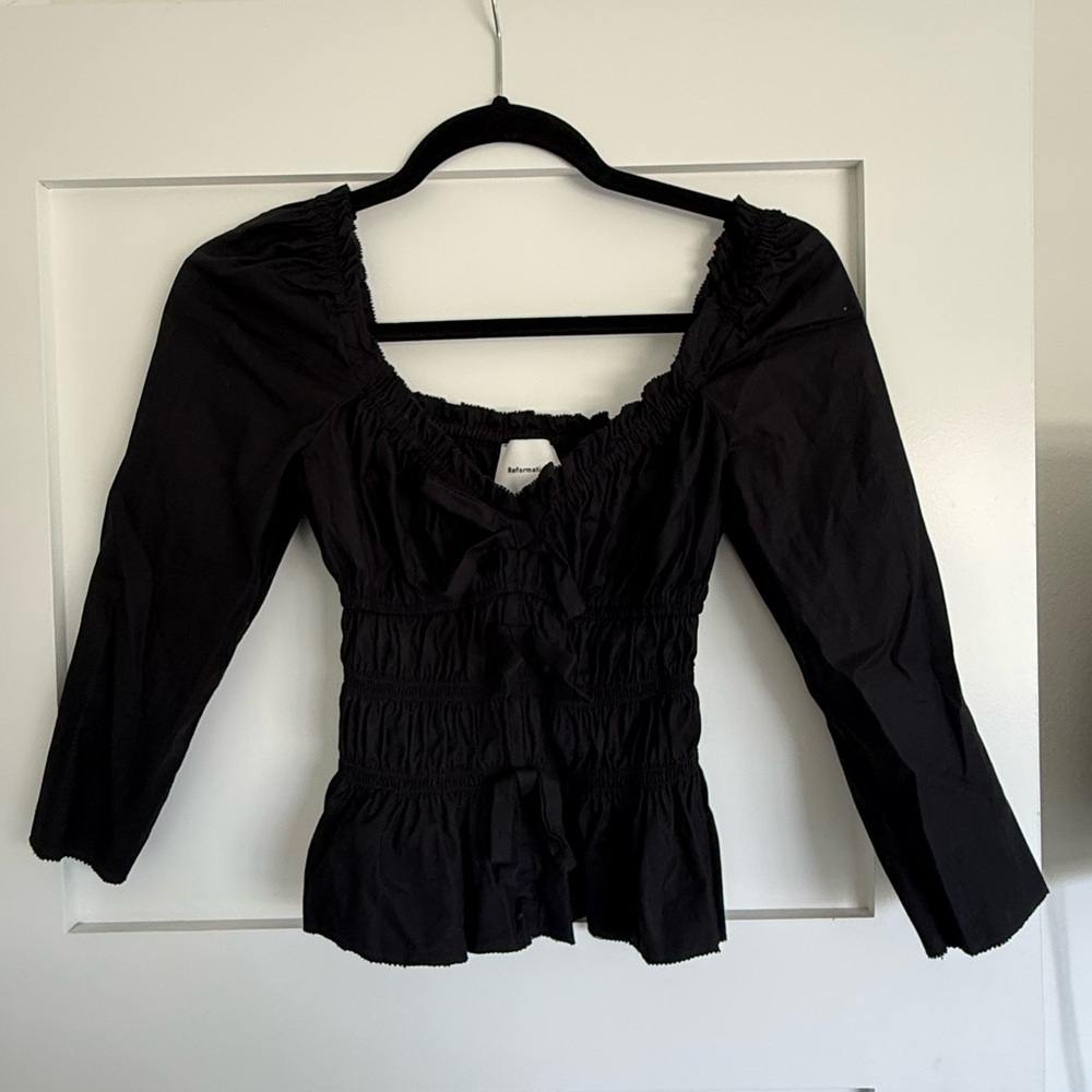 Reformation Black Smocked Peplum Long Sleeve Top